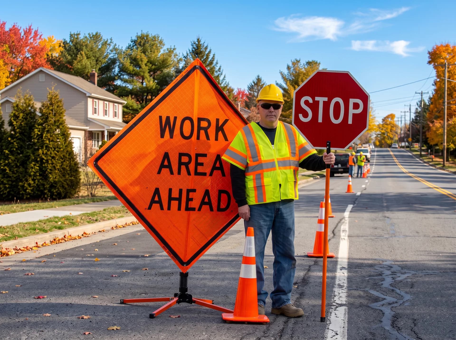 A flagger in a hi-vis vest and hard hat holding a stop paddle beside a work-area sign