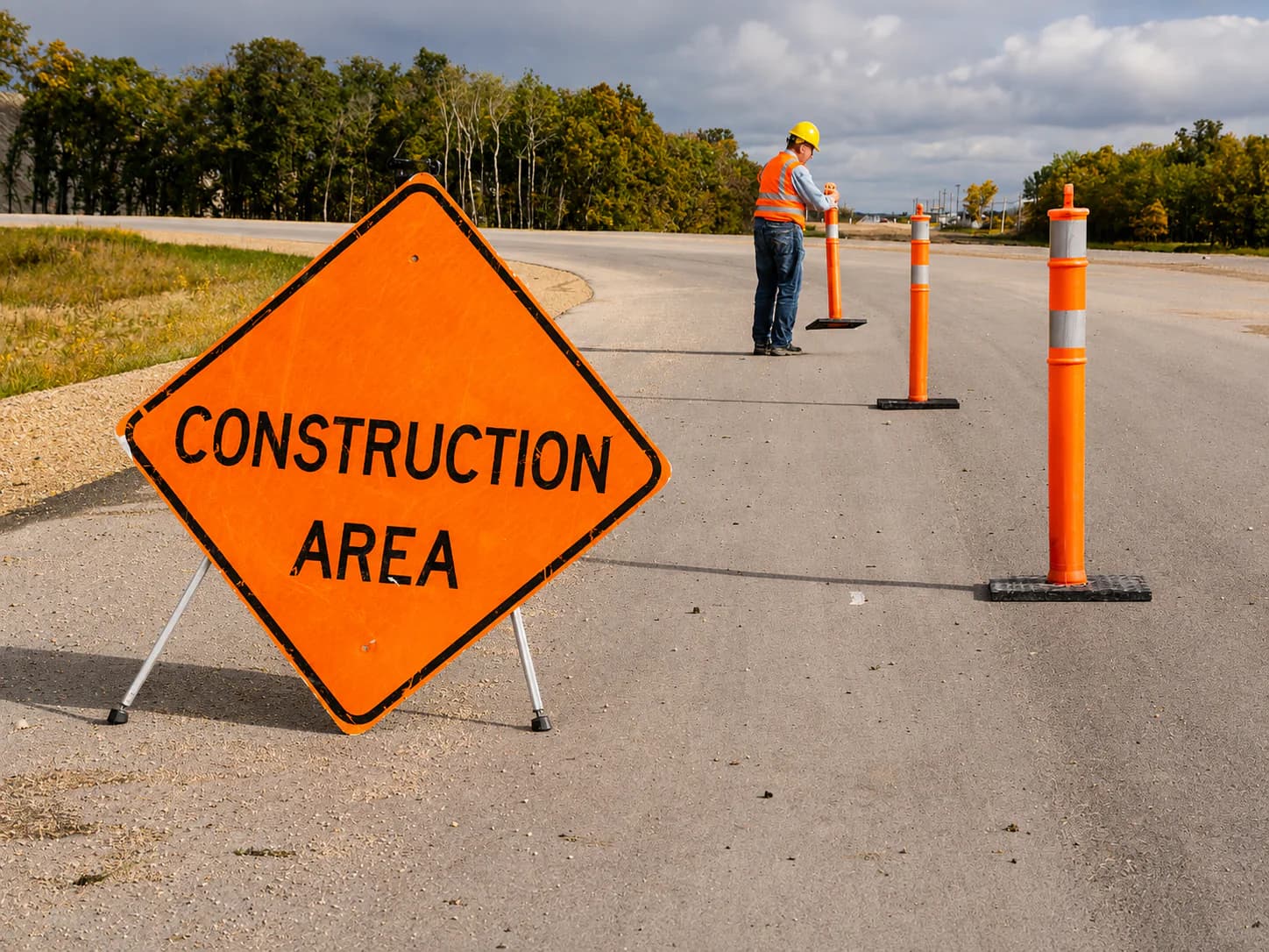 A construction-area sign, cones and a worker setting up a highway work zone