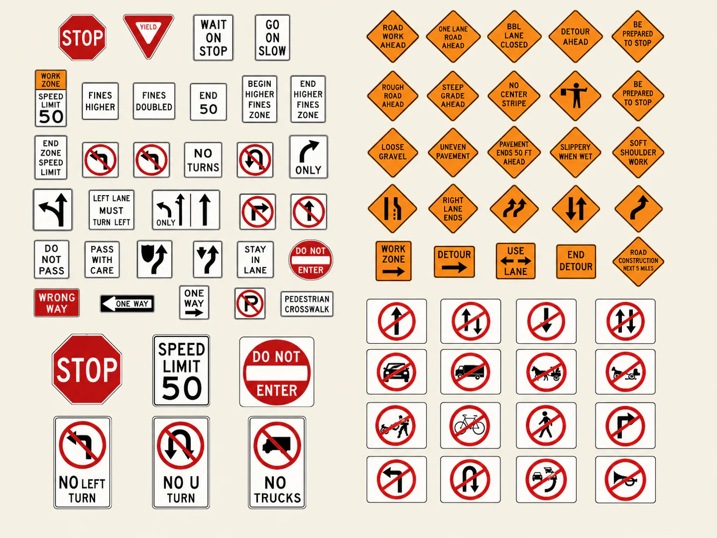 A wall of regulatory, warning and construction traffic signs